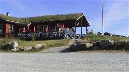 A refreshment stop, mainly for Michael's benefit, at Preikestolen Camping, 36.5 miles into the ride